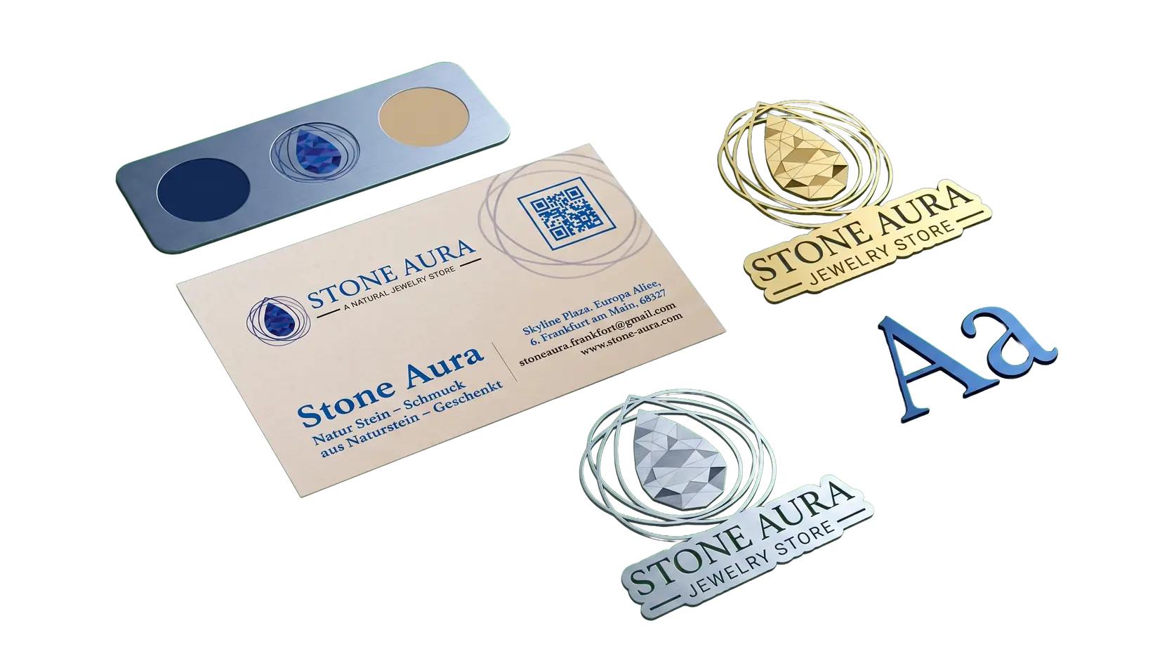 Stone Aura identity presentation with palette, business card, logo marks, and typography