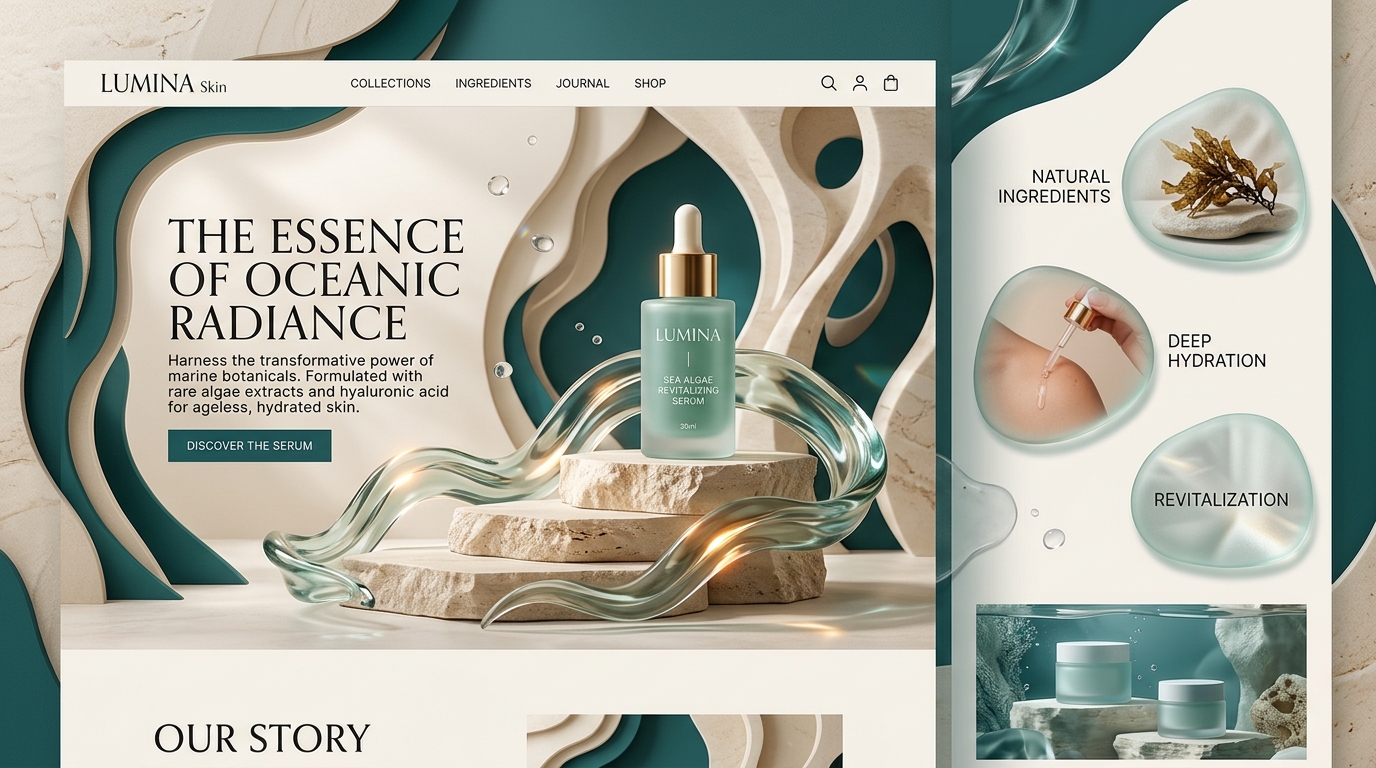 After: an immersive luxury skincare editorial website with seafoam glass, stone and sculptural ribbons
